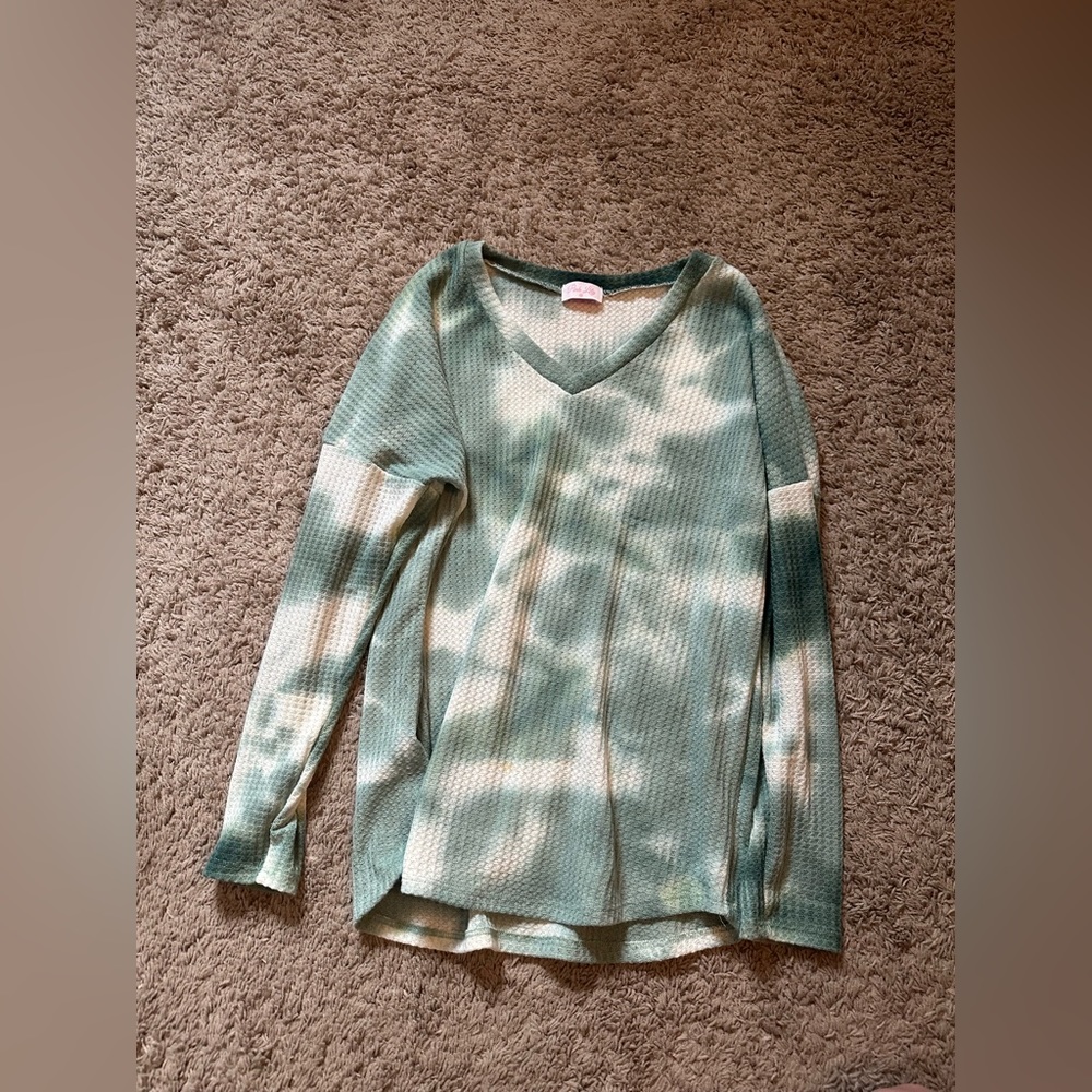 Green Tie Dye Pink Lily Waffle Knit Long Sleeve Size M